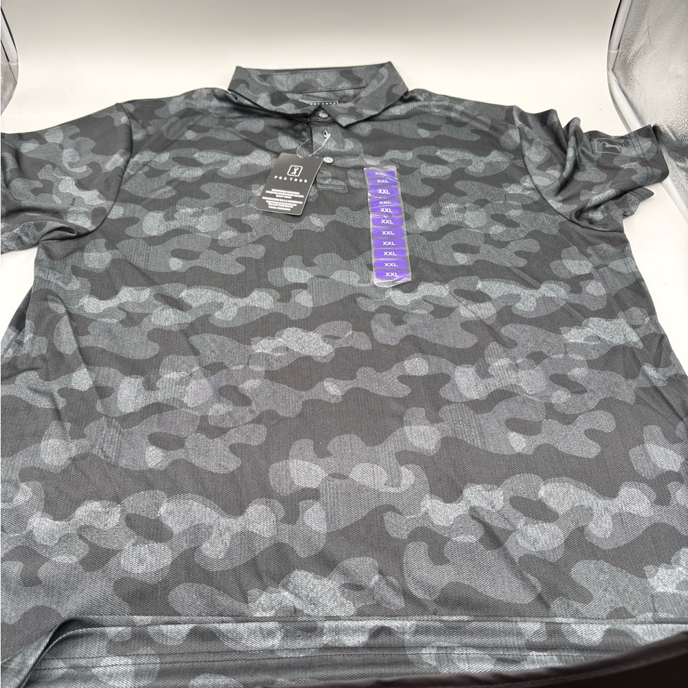 PGA Tour Short Sleeve Golf Polo Shirt Caviar Black Camo Moisture Wicking Sz XXL